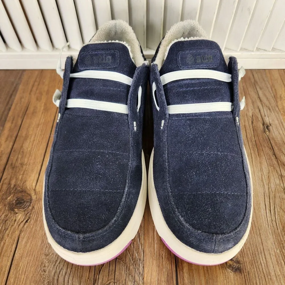 Stio Colter Low Shoes Womens Sz 8 Navy Blue Suede Sherpa Lined Slip On Sneakers